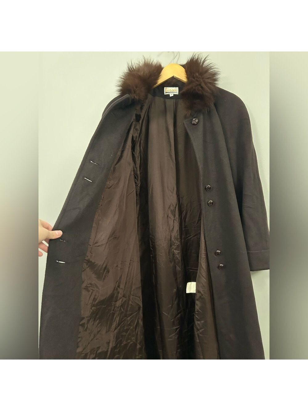 Lorovi Vintage Dark Brown Wool Trench Coat with Blue Fox Fur Collar Size 4 - Picture 10 of 11